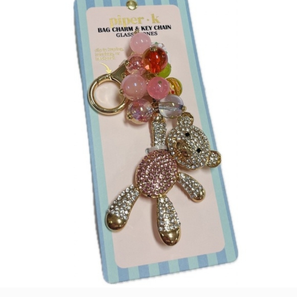 Piper K TEDDY BEAR and Crystal BALLOONS Keychain Bag Charm brand new on card